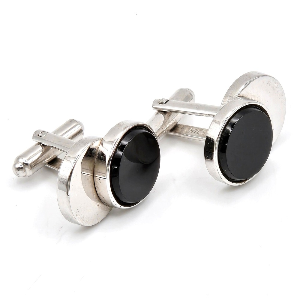 Vintage Hickok Cufflinks Silver Tone Black Onyx Mid Century Modern Toggle Back